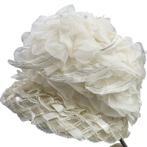 Vintage 50s White Chiffon Floral Brim Hat Union Label Formal main image 6